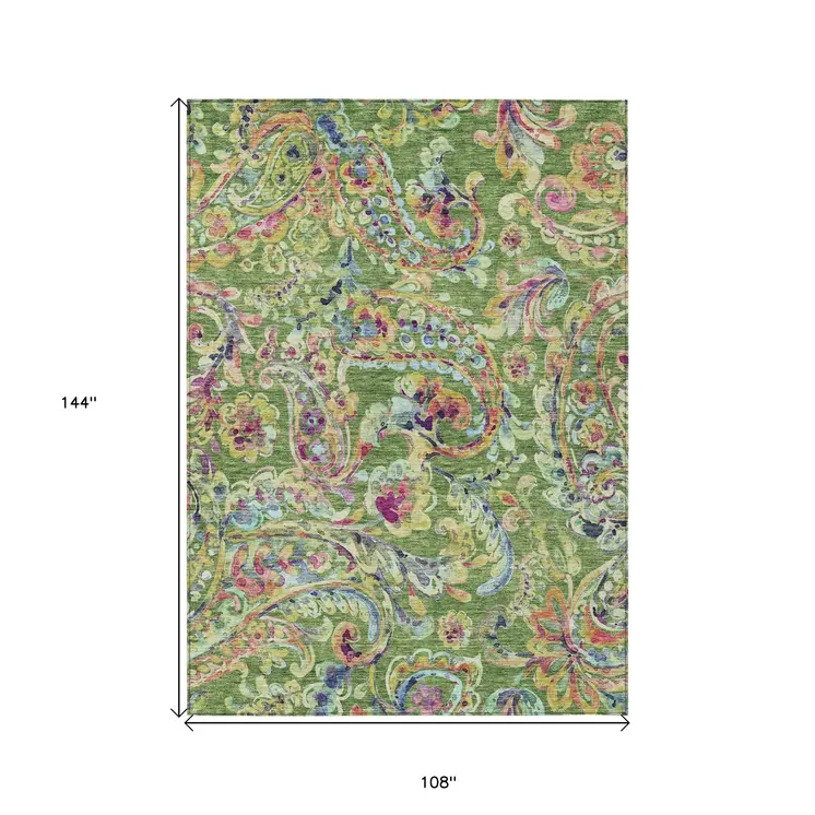 9' X 12' Fern Green And Artichoke Green Paisley Washable Indoor Outdoor Area Rug