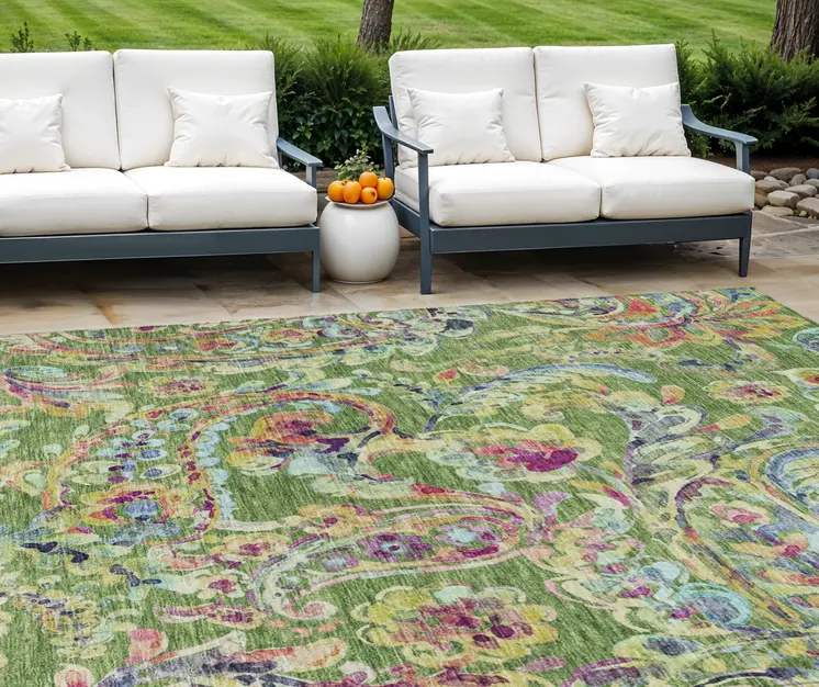 9' X 12' Fern Green And Artichoke Green Paisley Washable Indoor Outdoor Area Rug