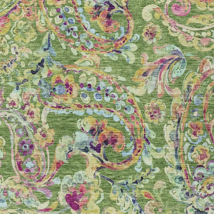9' X 12' Fern Green And Artichoke Green Paisley Washable Indoor Outdoor Area Rug