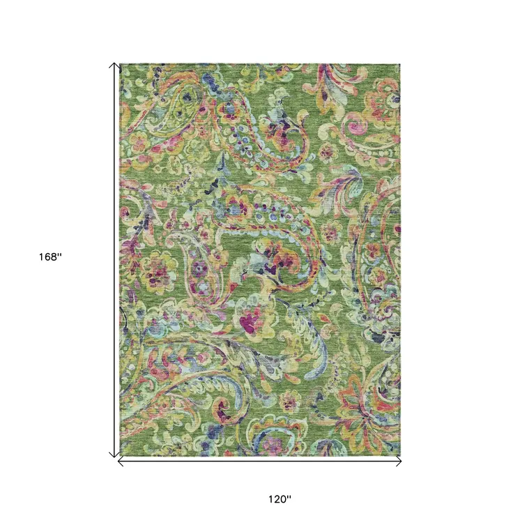 10' X 14' Fern Green And Artichoke Green Paisley Washable Indoor Outdoor Area Rug