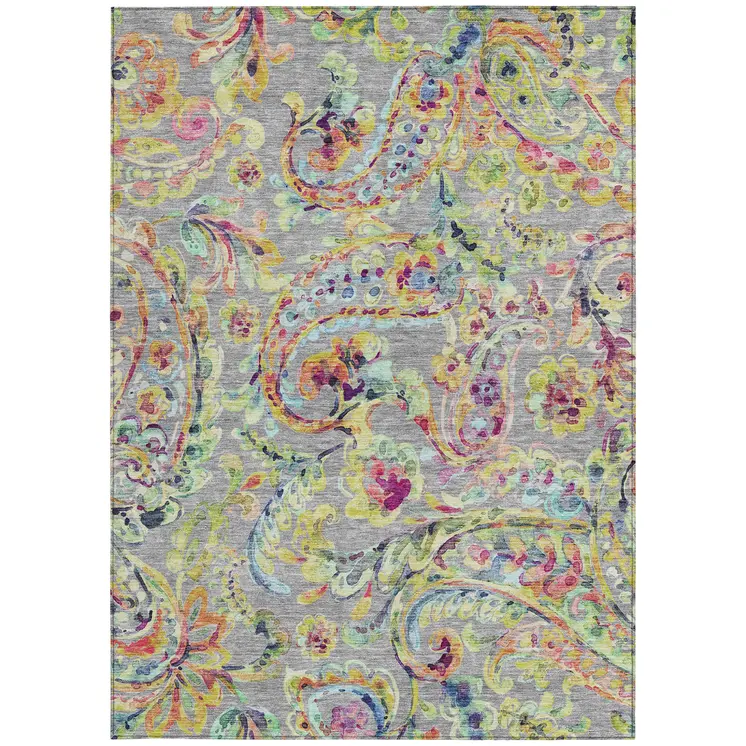 5' X 8' Gray Fern Green And Artichoke Green Paisley Washable Indoor Outdoor Area Rug