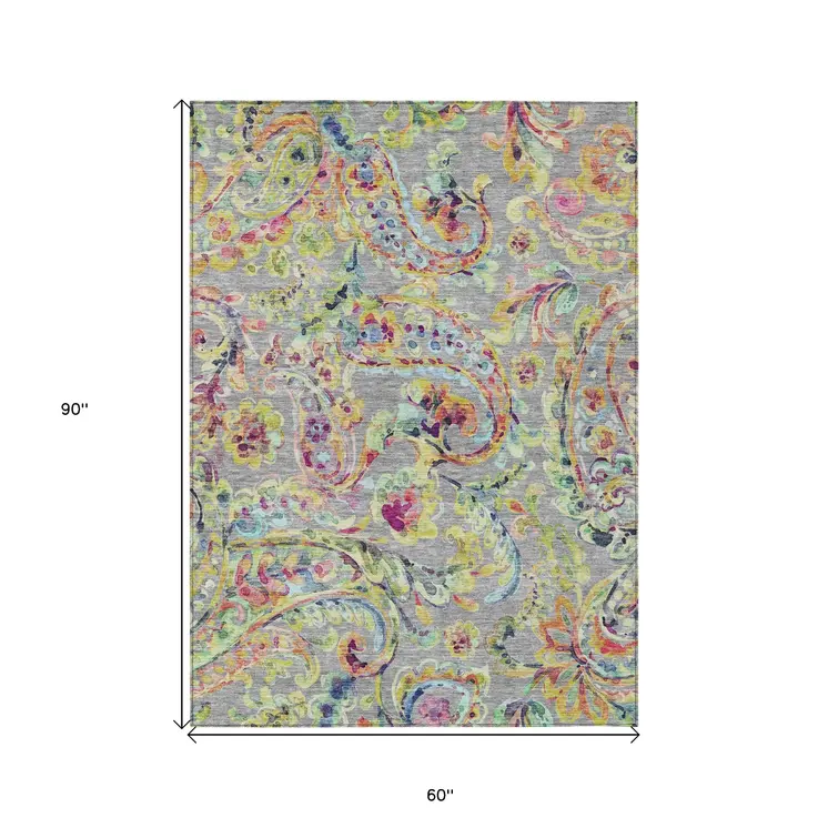 5' X 8' Gray Fern Green And Artichoke Green Paisley Washable Indoor Outdoor Area Rug
