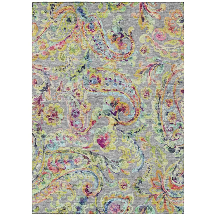 5' X 8' Gray Fern Green And Artichoke Green Paisley Washable Indoor Outdoor Area Rug