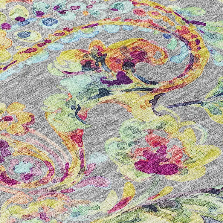 5' X 8' Gray Fern Green And Artichoke Green Paisley Washable Indoor Outdoor Area Rug