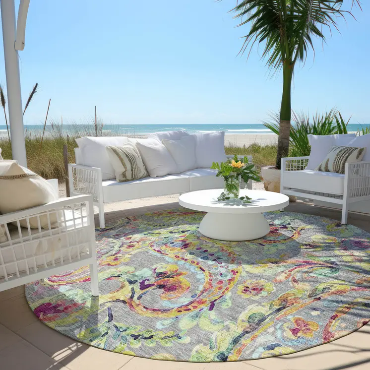 8' Gray Fern Green And Artichoke Green Round Paisley Washable Indoor Outdoor Area Rug