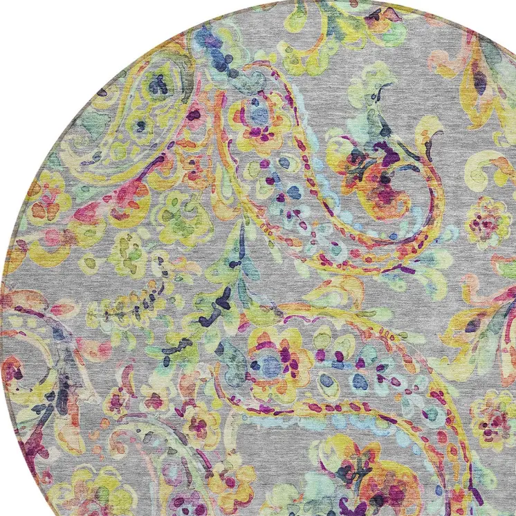 8' Gray Fern Green And Artichoke Green Round Paisley Washable Indoor Outdoor Area Rug