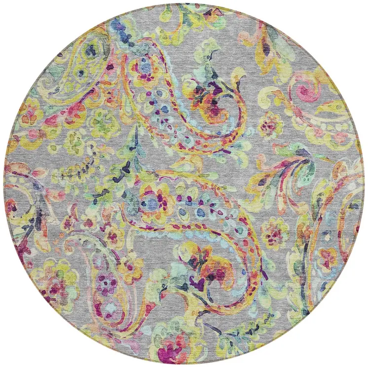 8' Gray Fern Green And Artichoke Green Round Paisley Washable Indoor Outdoor Area Rug