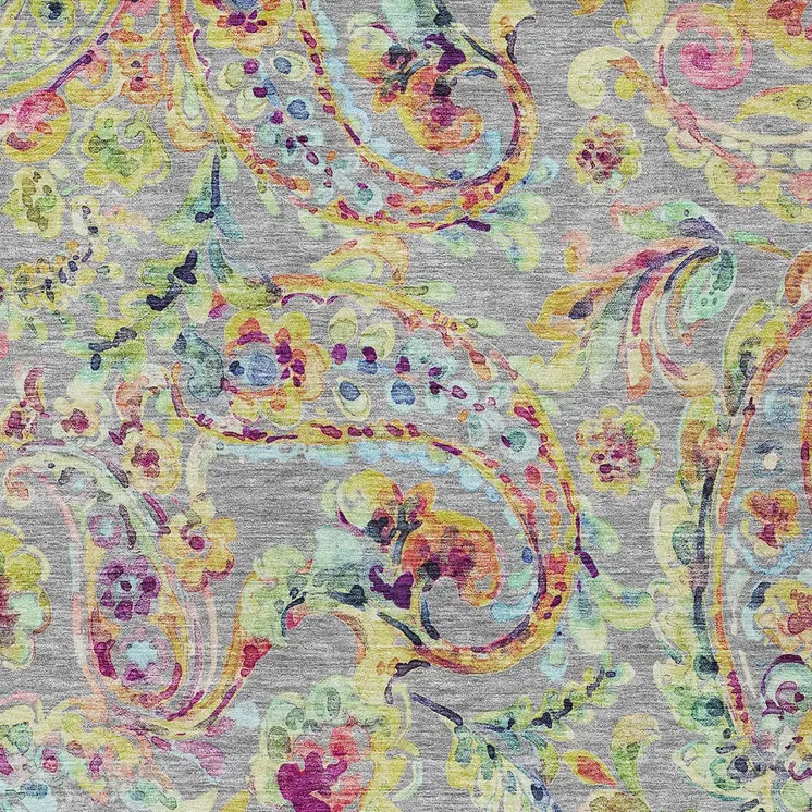 9' X 12' Gray Fern Green And Artichoke Green Paisley Washable Indoor Outdoor Area Rug