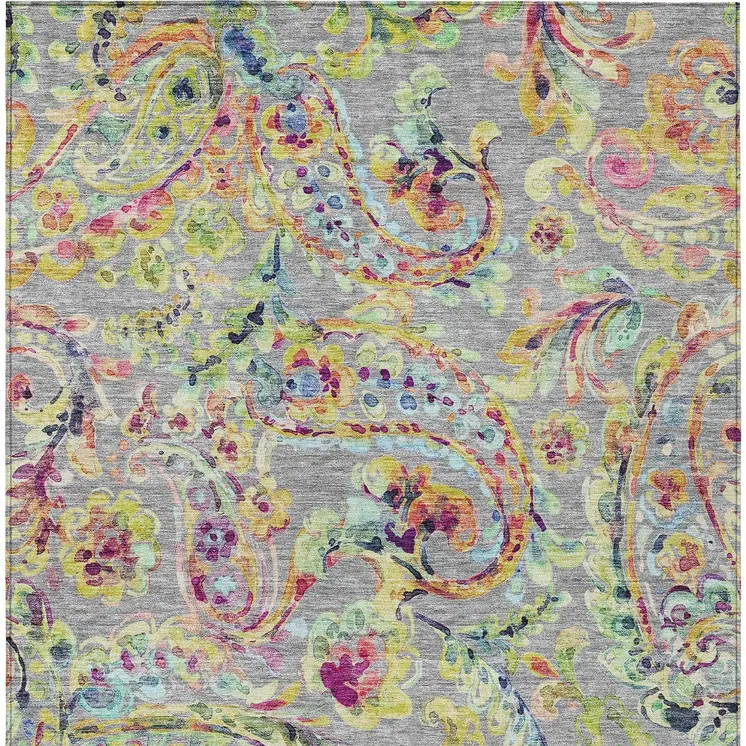 10' X 14' Gray Fern Green And Artichoke Green Paisley Washable Indoor Outdoor Area Rug