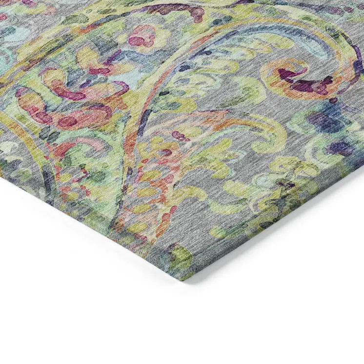 10' X 14' Gray Fern Green And Artichoke Green Paisley Washable Indoor Outdoor Area Rug