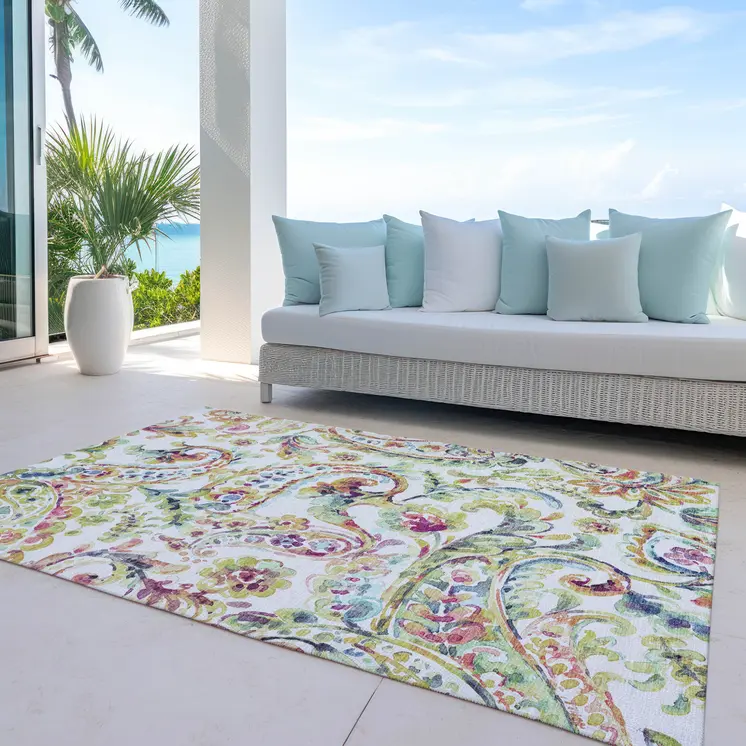 3' X 5' Ivory Fern Green And Artichoke Green Paisley Washable Indoor Outdoor Area Rug