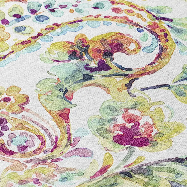 5' X 8' Ivory Fern Green And Artichoke Green Paisley Washable Indoor Outdoor Area Rug