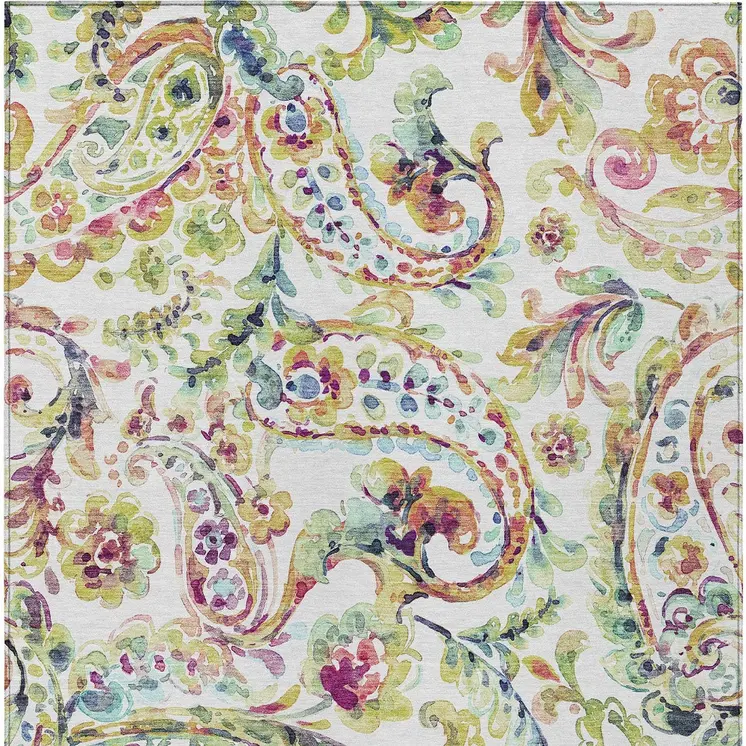 9' X 12' Ivory Fern Green And Artichoke Green Paisley Washable Indoor Outdoor Area Rug