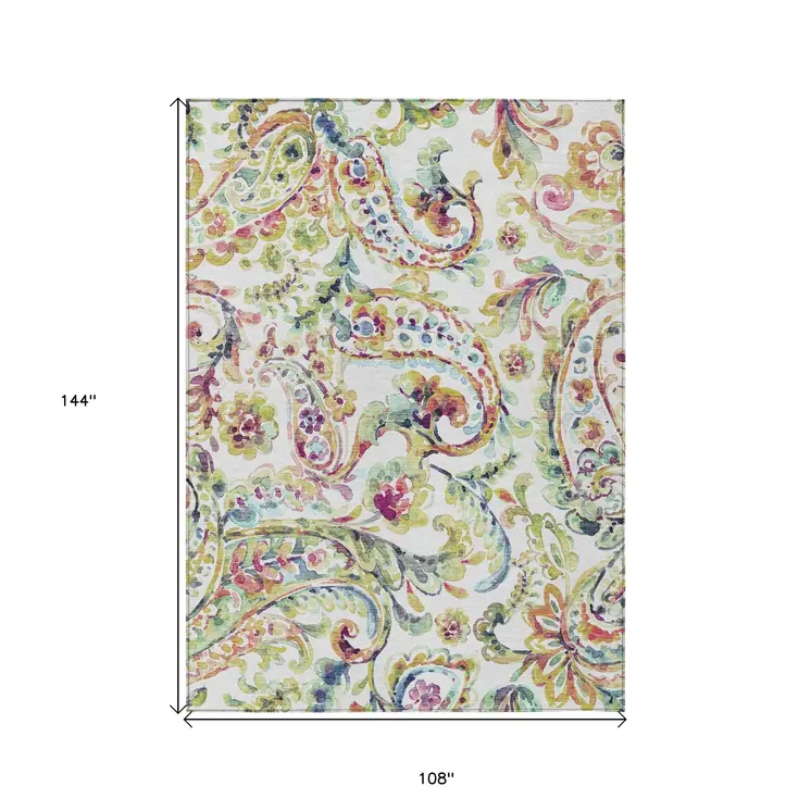 9' X 12' Ivory Fern Green And Artichoke Green Paisley Washable Indoor Outdoor Area Rug
