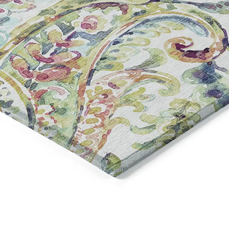 9' X 12' Ivory Fern Green And Artichoke Green Paisley Washable Indoor Outdoor Area Rug