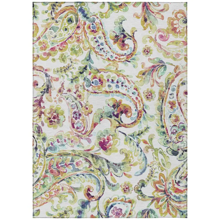 10' X 14' Ivory Fern Green And Artichoke Green Paisley Washable Indoor Outdoor Area Rug