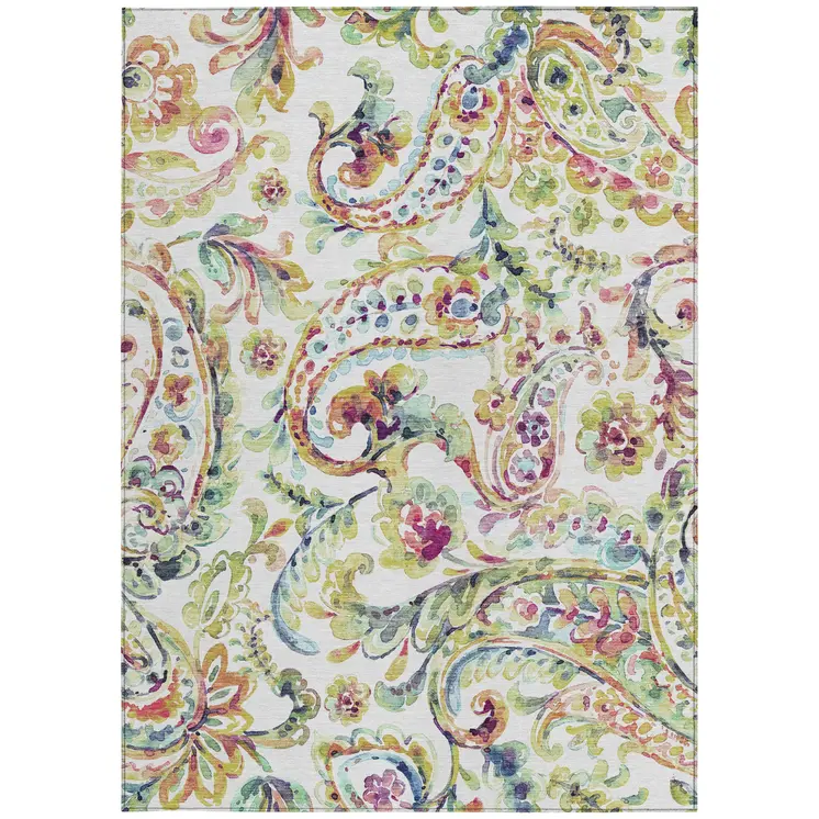 10' X 14' Ivory Fern Green And Artichoke Green Paisley Washable Indoor Outdoor Area Rug