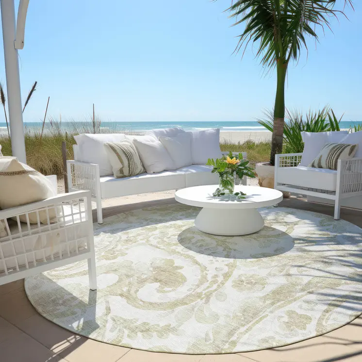 8' Beige Tan And Ivory Round Paisley Washable Indoor Outdoor Area Rug