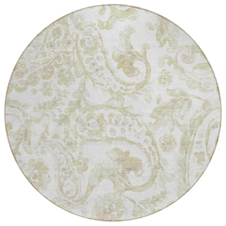 8' Beige Tan And Ivory Round Paisley Washable Indoor Outdoor Area Rug