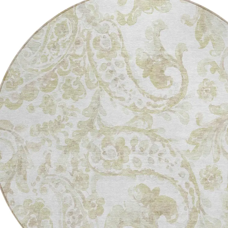 8' Beige Tan And Ivory Round Paisley Washable Indoor Outdoor Area Rug