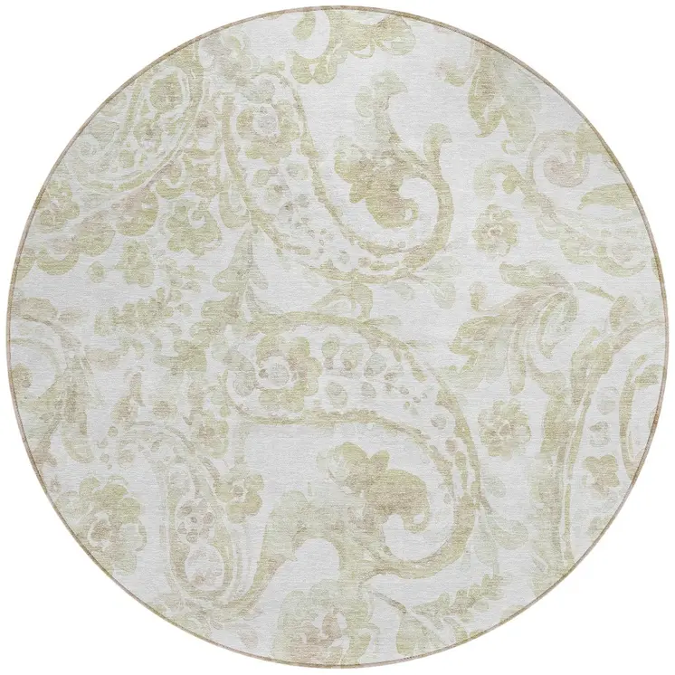 8' Beige Tan And Ivory Round Paisley Washable Indoor Outdoor Area Rug