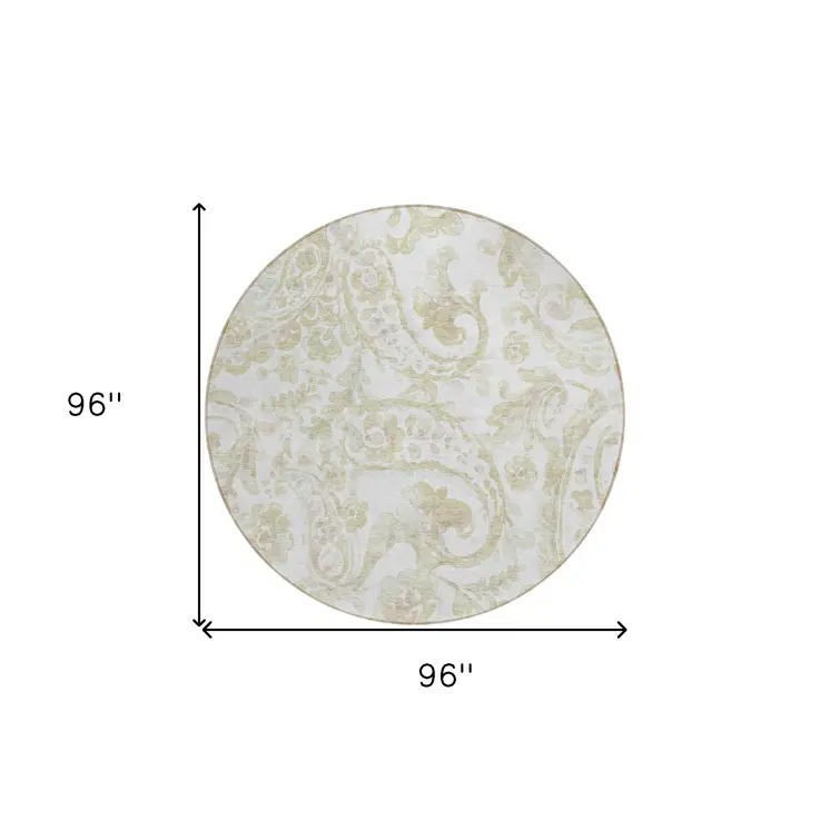 8' Beige Tan And Ivory Round Paisley Washable Indoor Outdoor Area Rug