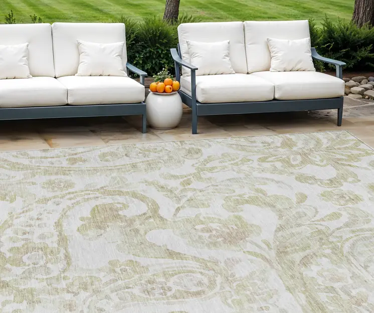 8' X 10' Beige Tan And Ivory Paisley Washable Indoor Outdoor Area Rug
