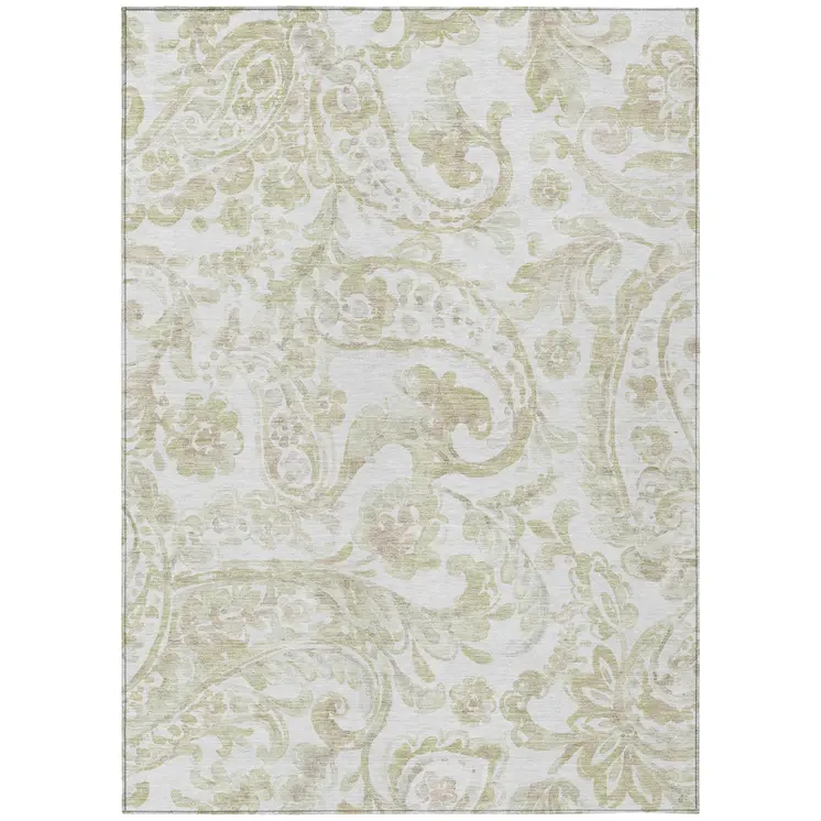 8' X 10' Beige Tan And Ivory Paisley Washable Indoor Outdoor Area Rug