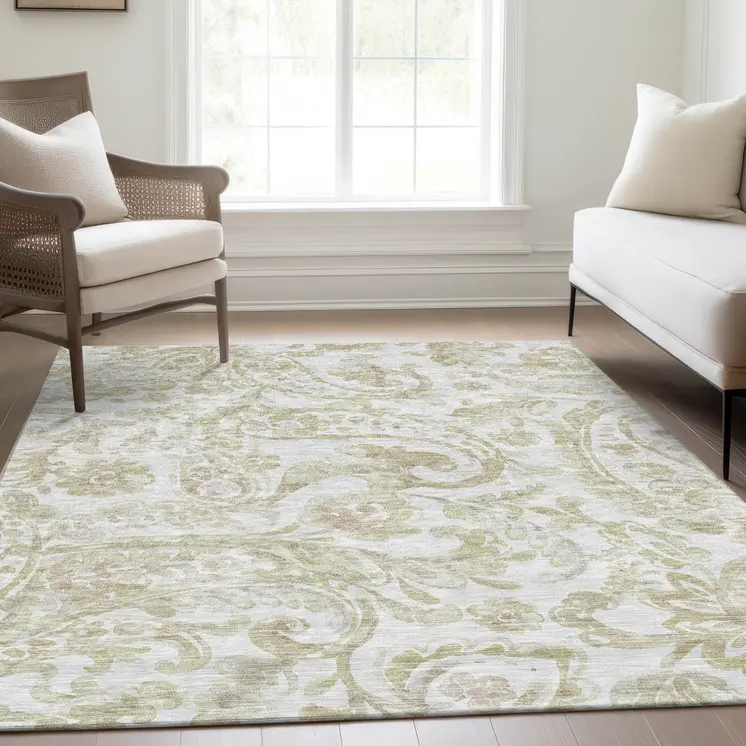 8' X 10' Beige Tan And Ivory Paisley Washable Indoor Outdoor Area Rug