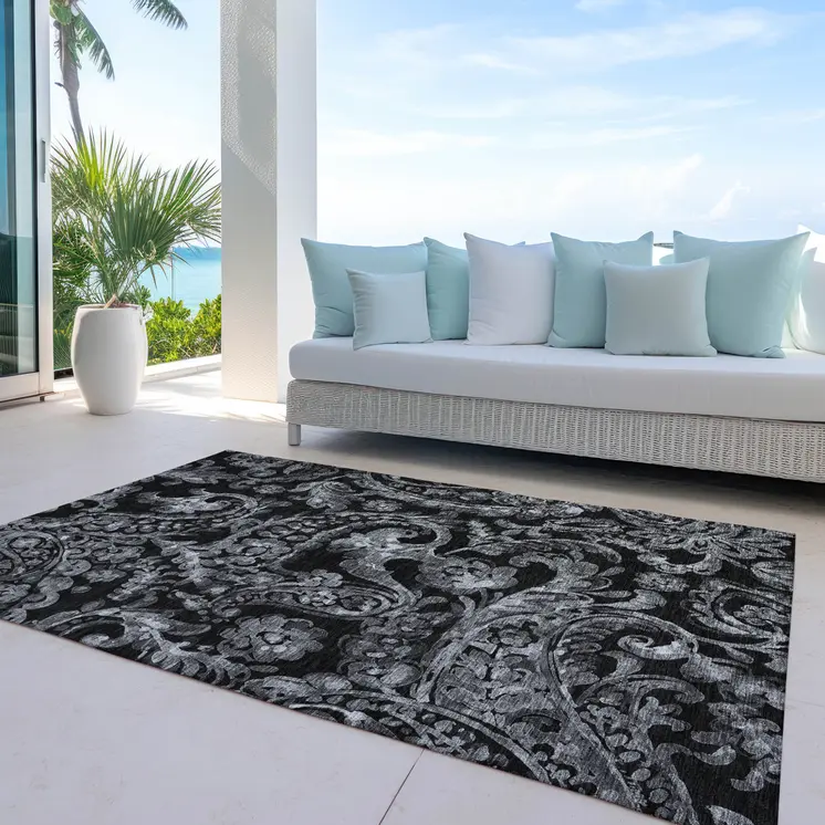 5' X 8' Black Gray And Charcoal Paisley Washable Indoor Outdoor Area Rug