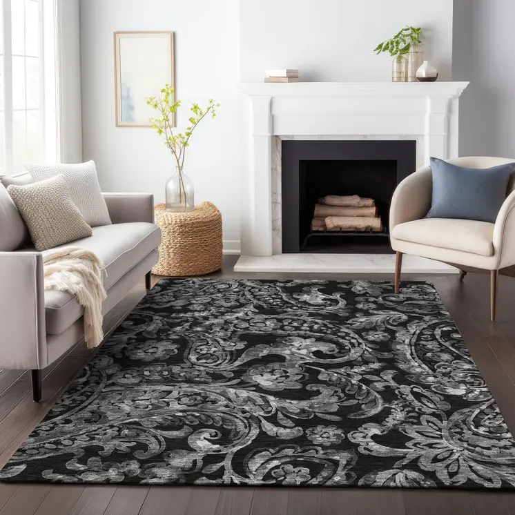 5' X 8' Black Gray And Charcoal Paisley Washable Indoor Outdoor Area Rug
