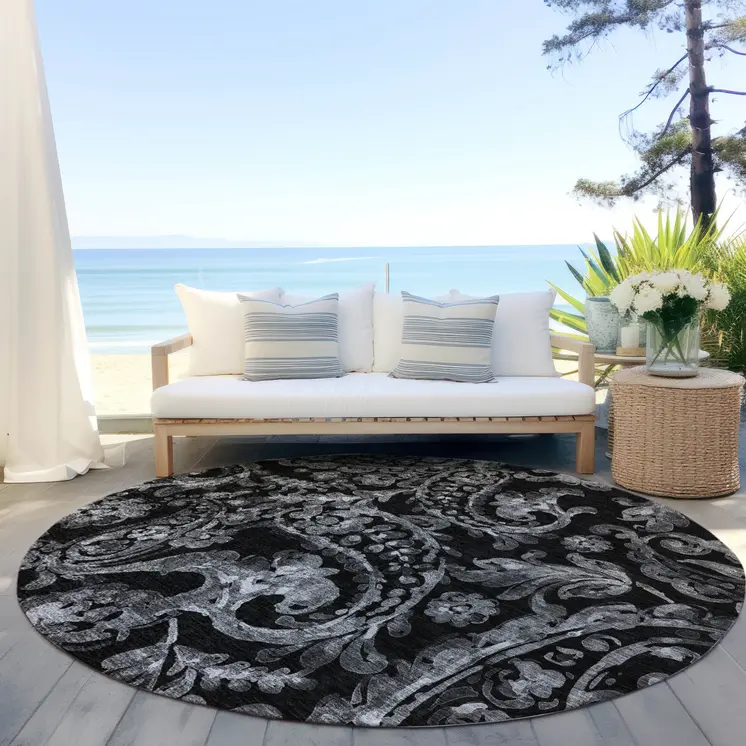 8' Black Gray And Charcoal Round Paisley Washable Indoor Outdoor Area Rug