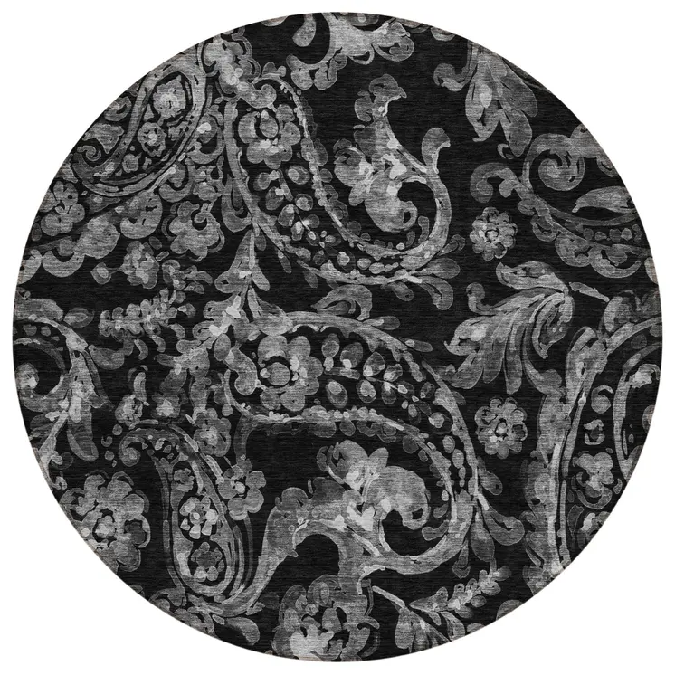 8' Black Gray And Charcoal Round Paisley Washable Indoor Outdoor Area Rug