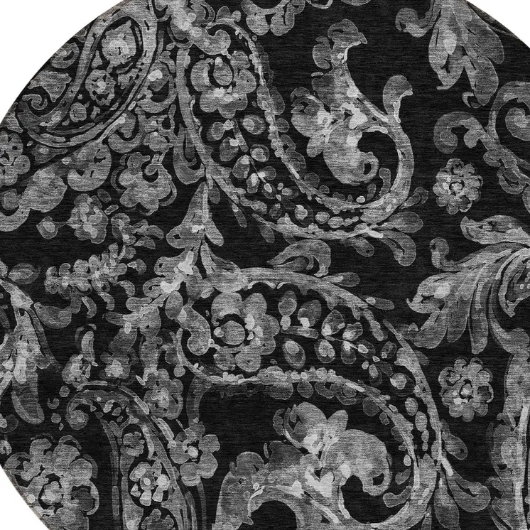 8' Black Gray And Charcoal Round Paisley Washable Indoor Outdoor Area Rug