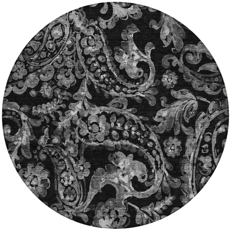 8' Black Gray And Charcoal Round Paisley Washable Indoor Outdoor Area Rug