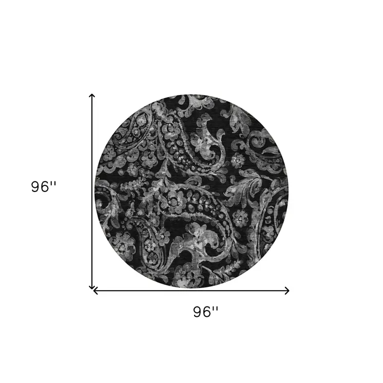 8' Black Gray And Charcoal Round Paisley Washable Indoor Outdoor Area Rug