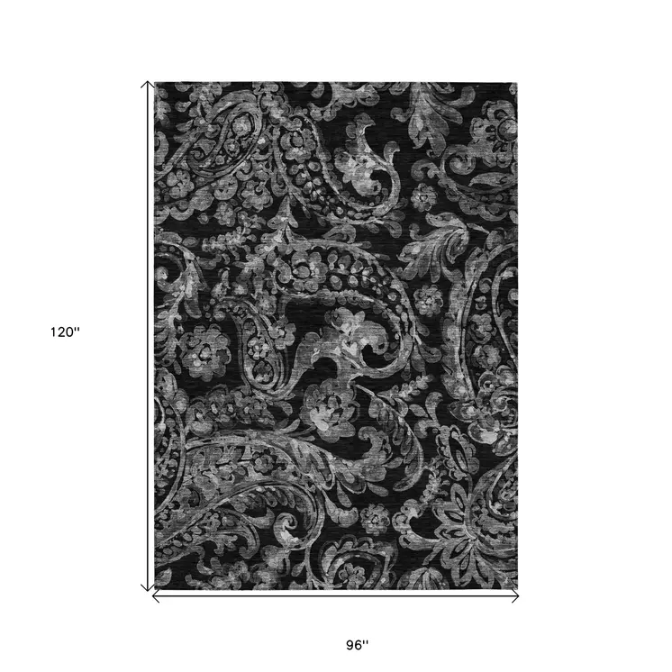 8' X 10' Black Gray And Charcoal Paisley Washable Indoor Outdoor Area Rug