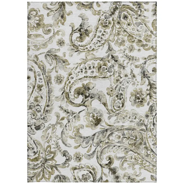 3' X 5' Brown Ivory And Tan Paisley Washable Indoor Outdoor Area Rug