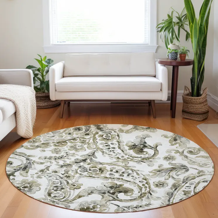 8' Brown Ivory And Tan Round Paisley Washable Indoor Outdoor Area Rug