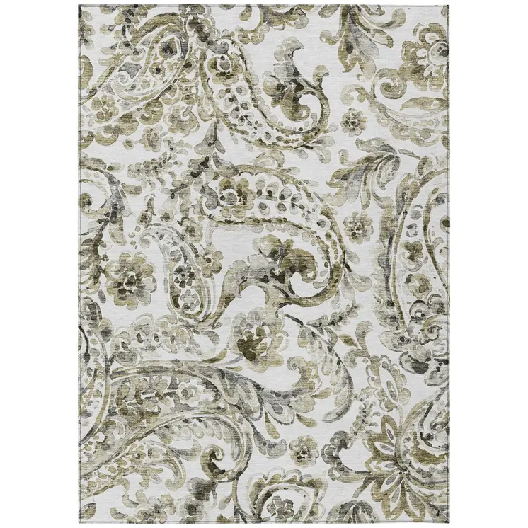 9' X 12' Brown Ivory And Tan Paisley Washable Indoor Outdoor Area Rug