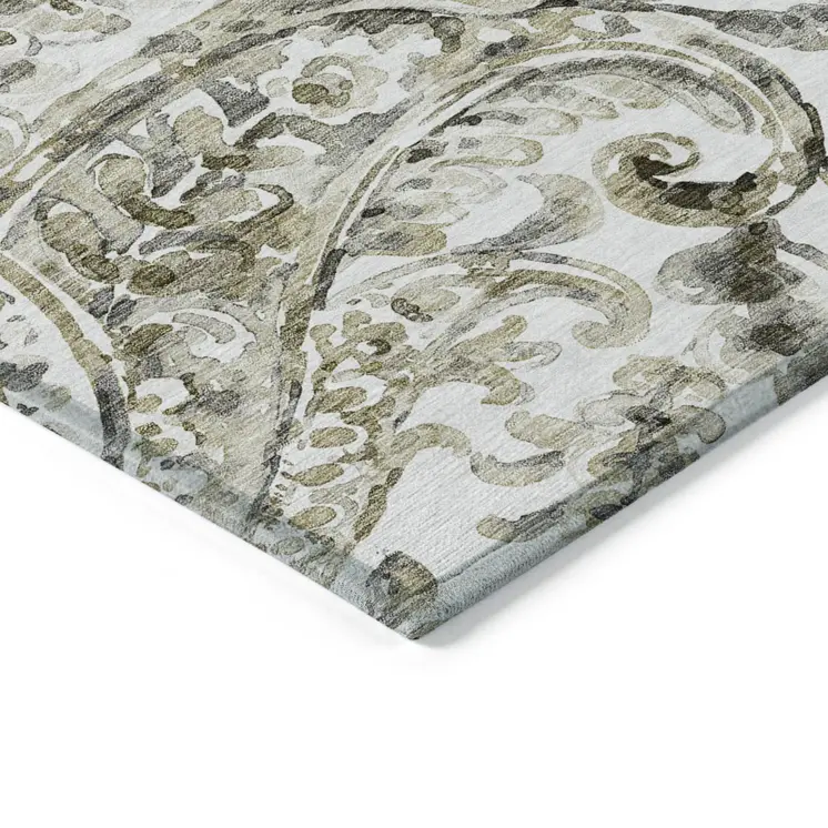 9' X 12' Brown Ivory And Tan Paisley Washable Indoor Outdoor Area Rug