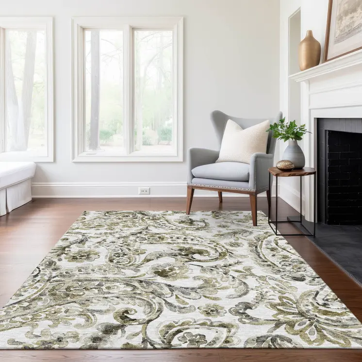 9' X 12' Brown Ivory And Tan Paisley Washable Indoor Outdoor Area Rug