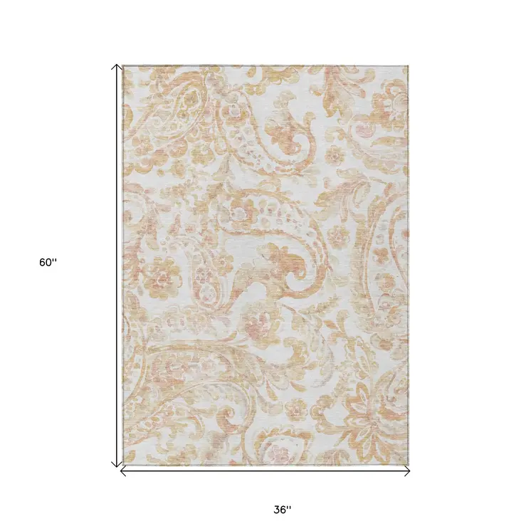 3' X 5' Coral Ivory And Peach Paisley Washable Indoor Outdoor Area Rug
