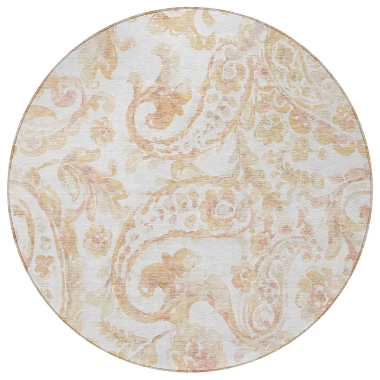 8' Coral Ivory And Peach Round Paisley Washable Indoor Outdoor Area Rug
