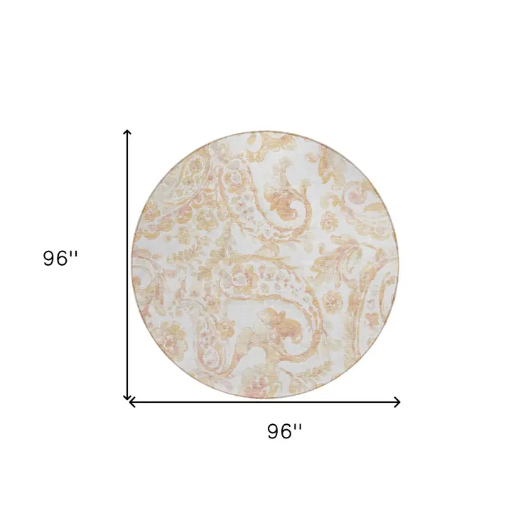 8' Coral Ivory And Peach Round Paisley Washable Indoor Outdoor Area Rug