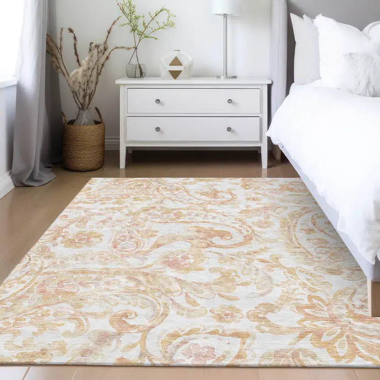 8' X 10' Coral Ivory And Peach Paisley Washable Indoor Outdoor Area Rug