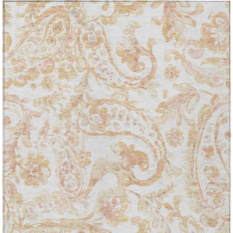 10' X 14' Coral Ivory And Peach Paisley Washable Indoor Outdoor Area Rug