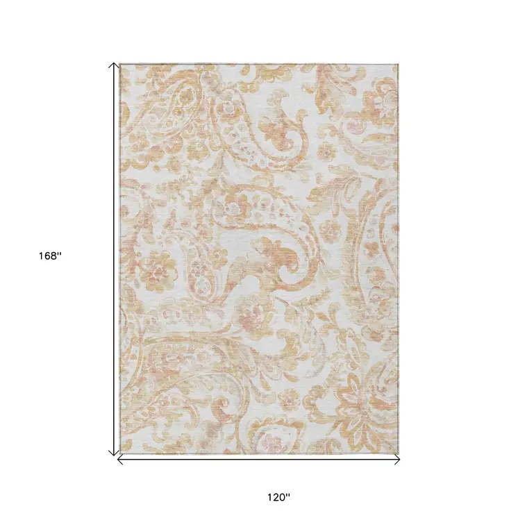 10' X 14' Coral Ivory And Peach Paisley Washable Indoor Outdoor Area Rug