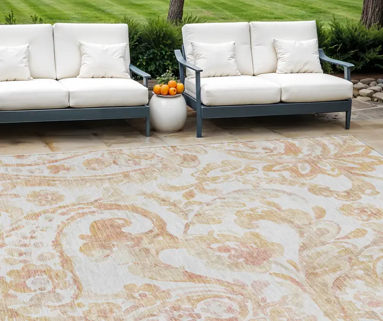 10' X 14' Coral Ivory And Peach Paisley Washable Indoor Outdoor Area Rug