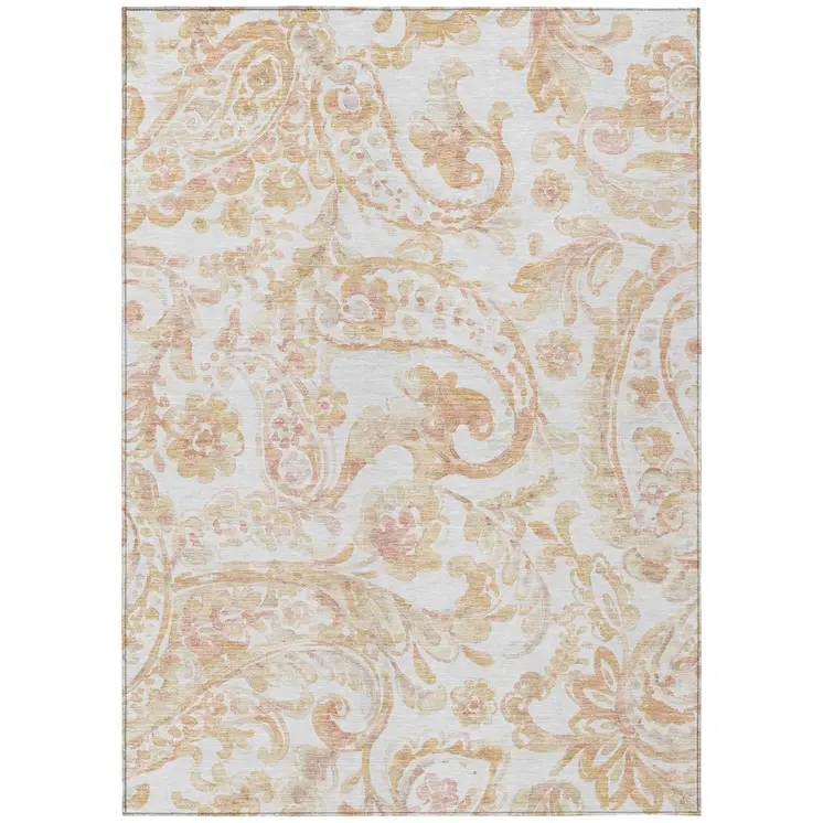 10' X 14' Coral Ivory And Peach Paisley Washable Indoor Outdoor Area Rug